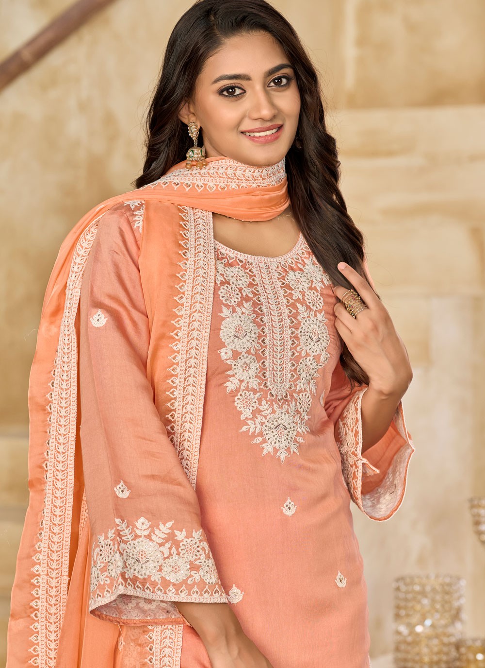 Patiala Suit Embroidered Peach T7628