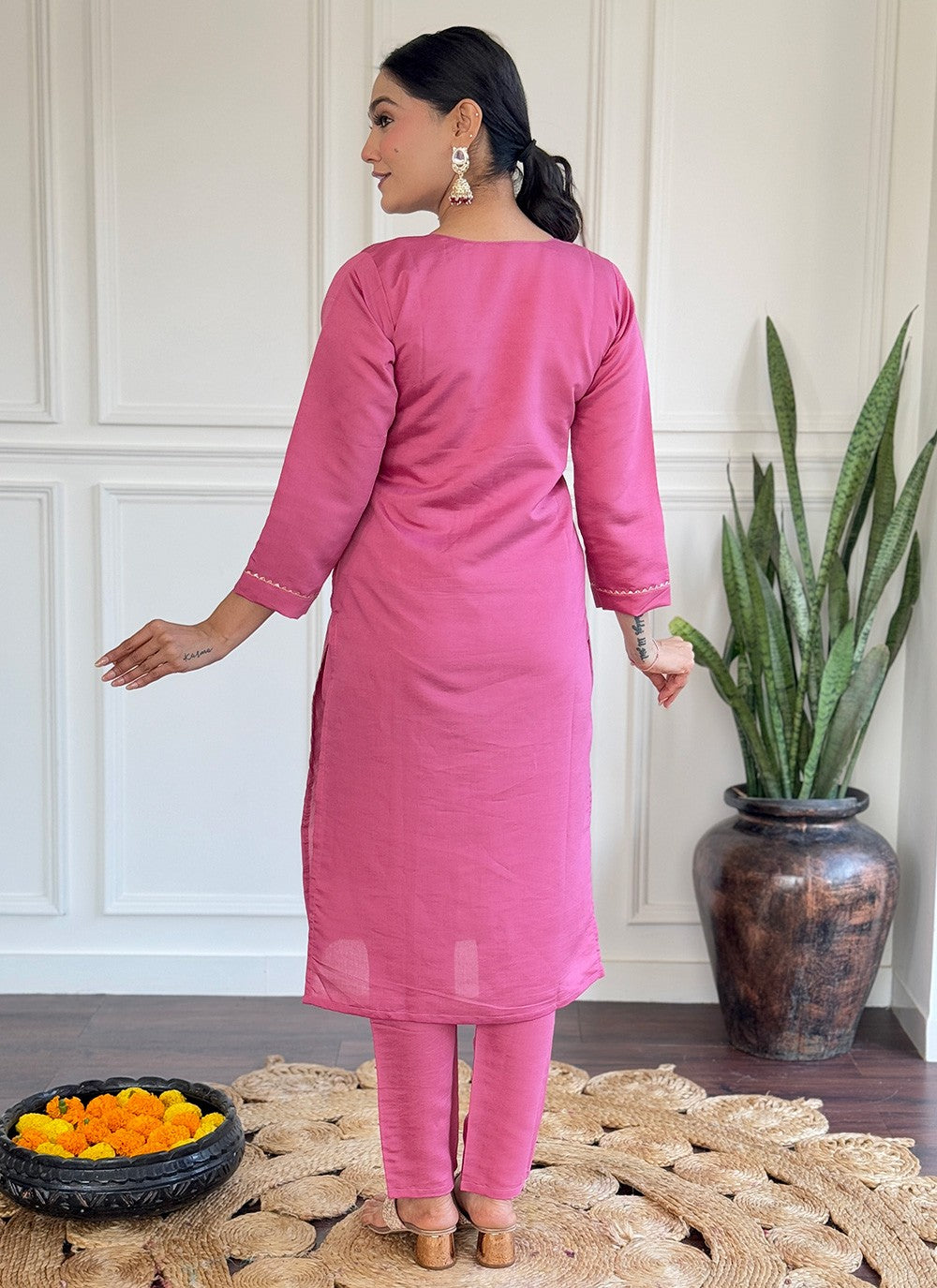 Embroidered Chanderi Pink Pant Style Suit T6403
