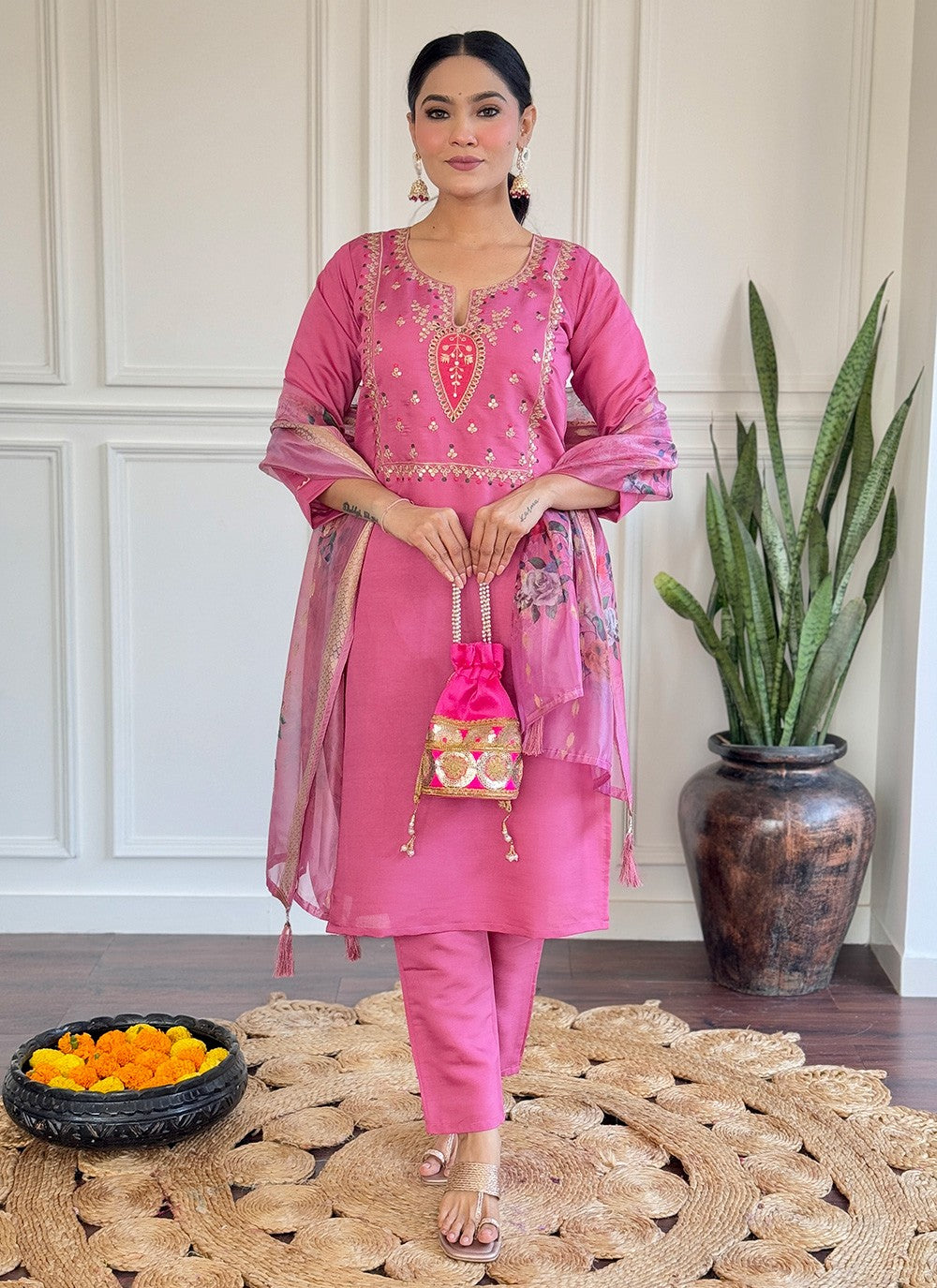 Embroidered Chanderi Pink Pant Style Suit T6403