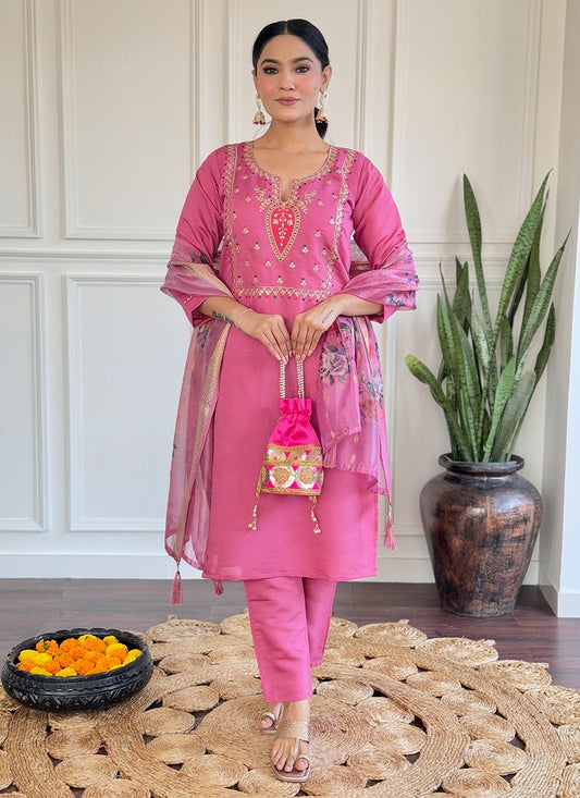 Embroidered Chanderi Pink Pant Style Suit T6403