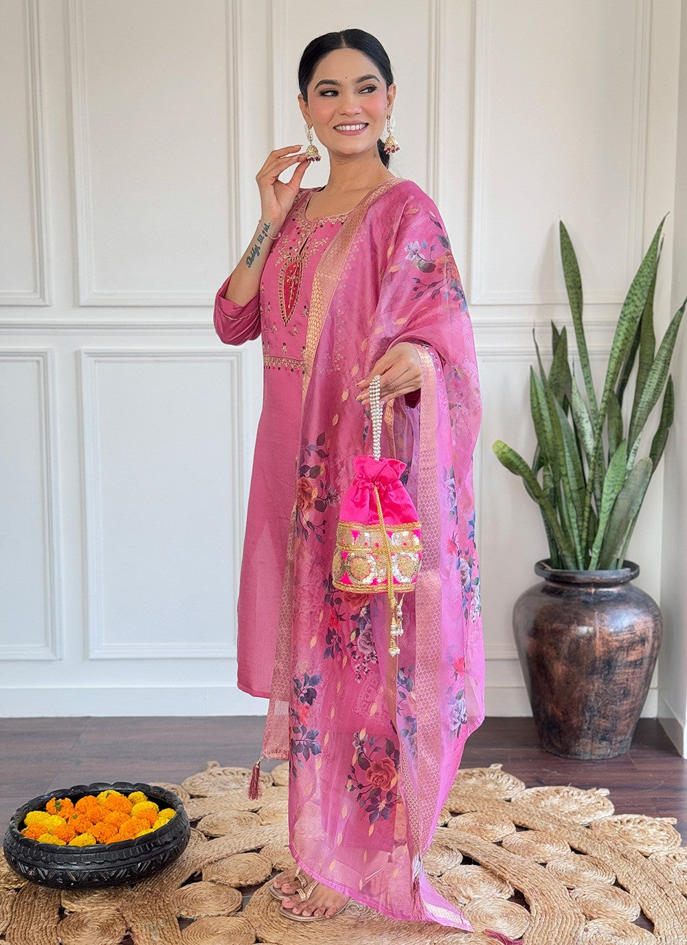 Embroidered Chanderi Pink Pant Style Suit T6403