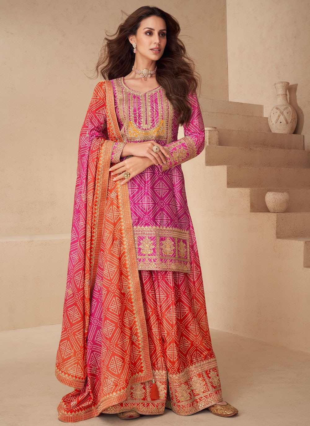 Palazzo Suit Digital Print, Embroidered Pink T8913