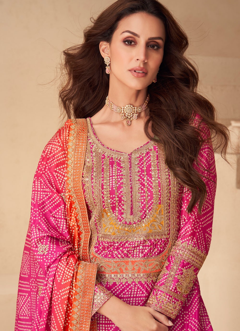 Palazzo Suit Digital Print, Embroidered Pink T8913