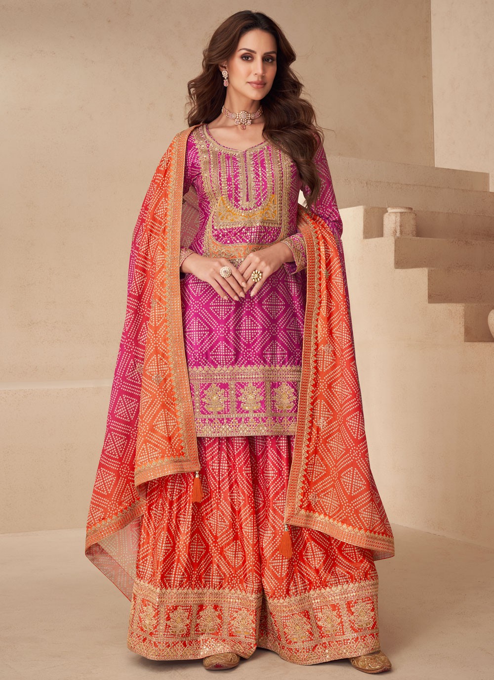 Palazzo Suit Digital Print, Embroidered Pink T8913