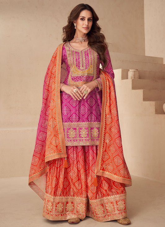 Palazzo Suit Digital Print, Embroidered Pink T8913