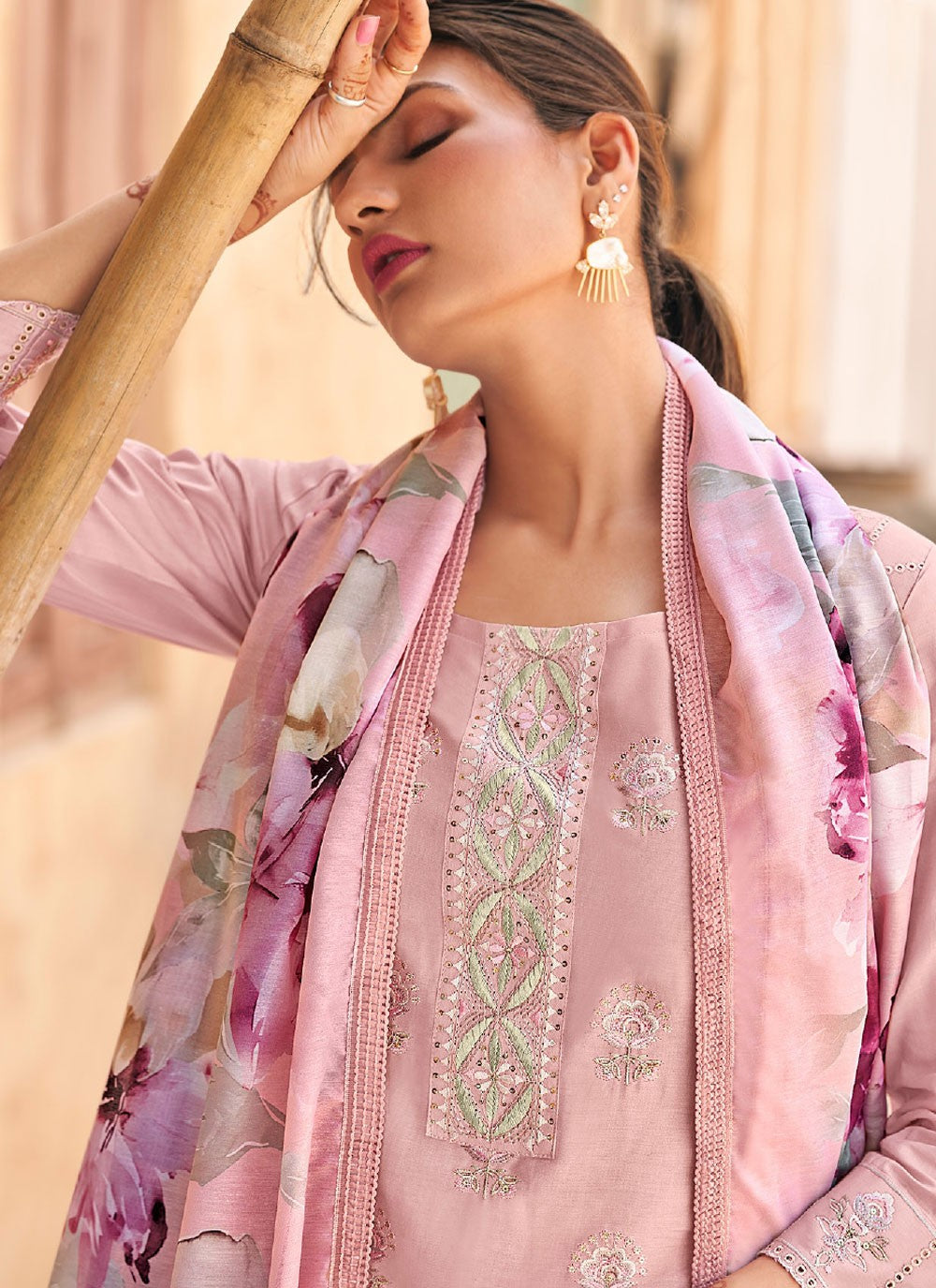 Pant Style Suit Embroidered Pink T7165