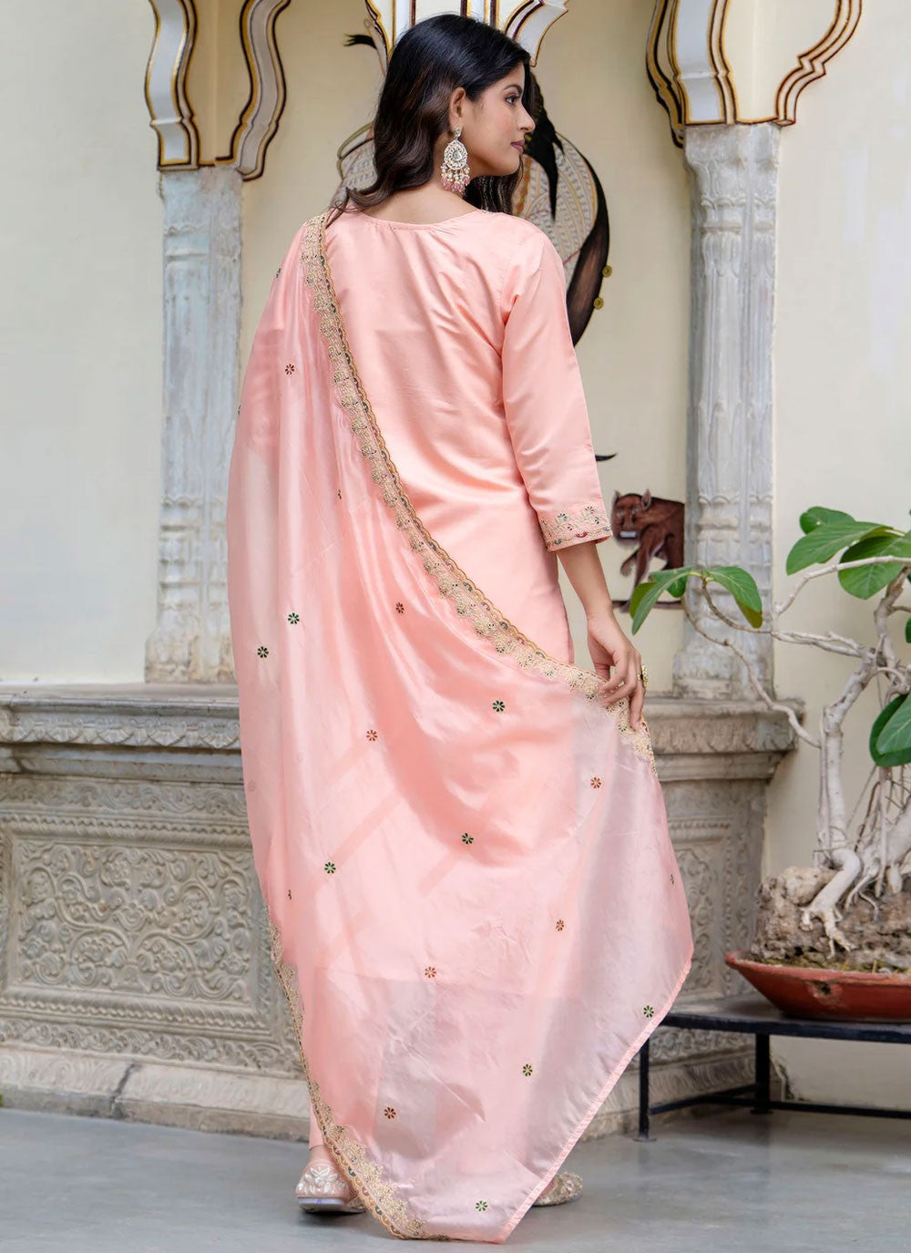 Pant Style Suit Embroidered Pink T6925