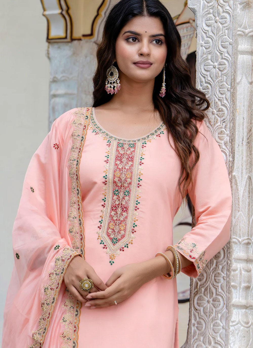 Pant Style Suit Embroidered Pink T6925