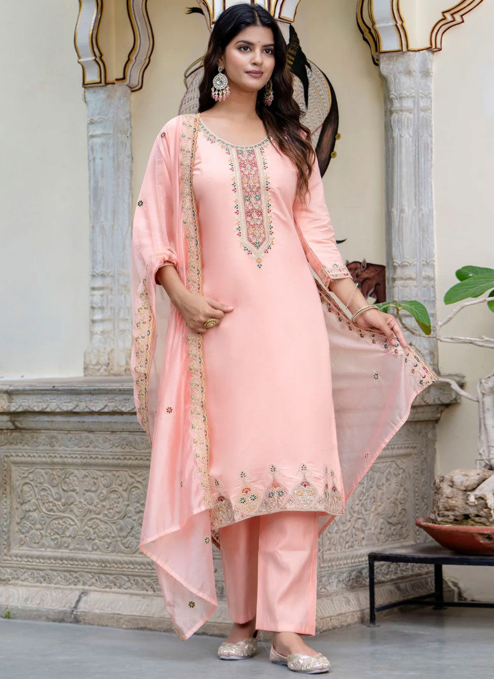 Pant Style Suit Embroidered Pink T6925