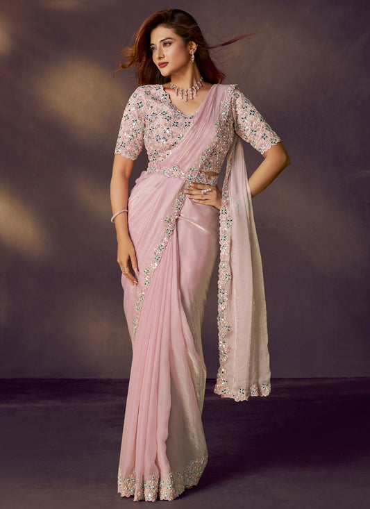 Pink Satin Silk Traditional Saree Embroidered, Sequins S20485