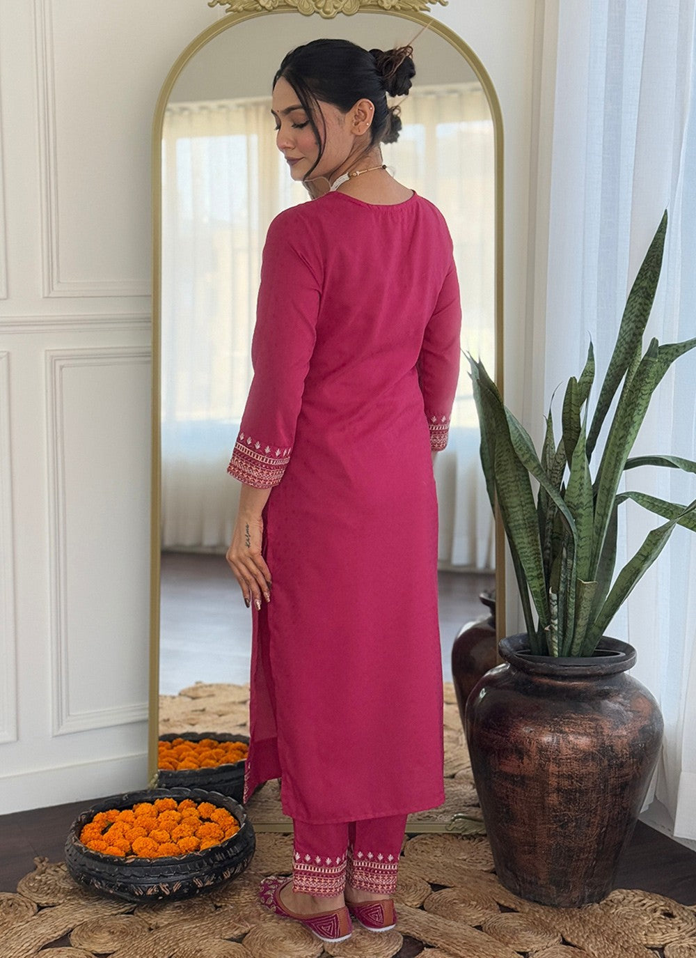 Embroidered Chanderi Pink Pant Style Suit T6295