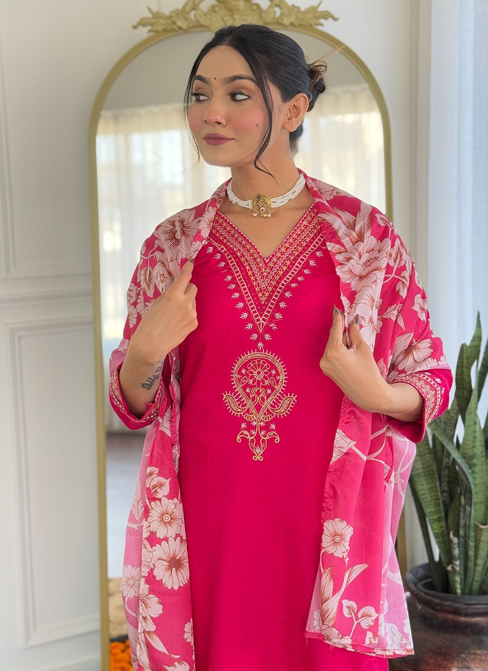 Embroidered Chanderi Pink Pant Style Suit T6295