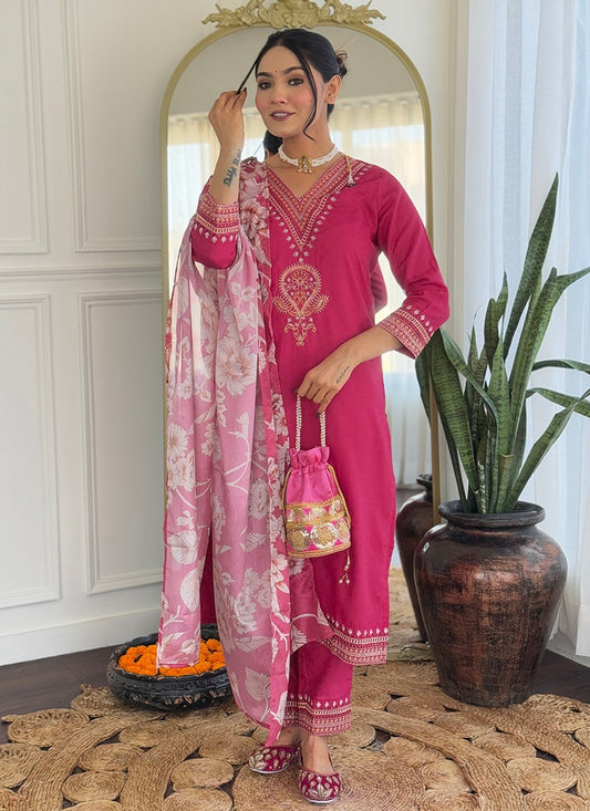 Embroidered Chanderi Pink Pant Style Suit T6295