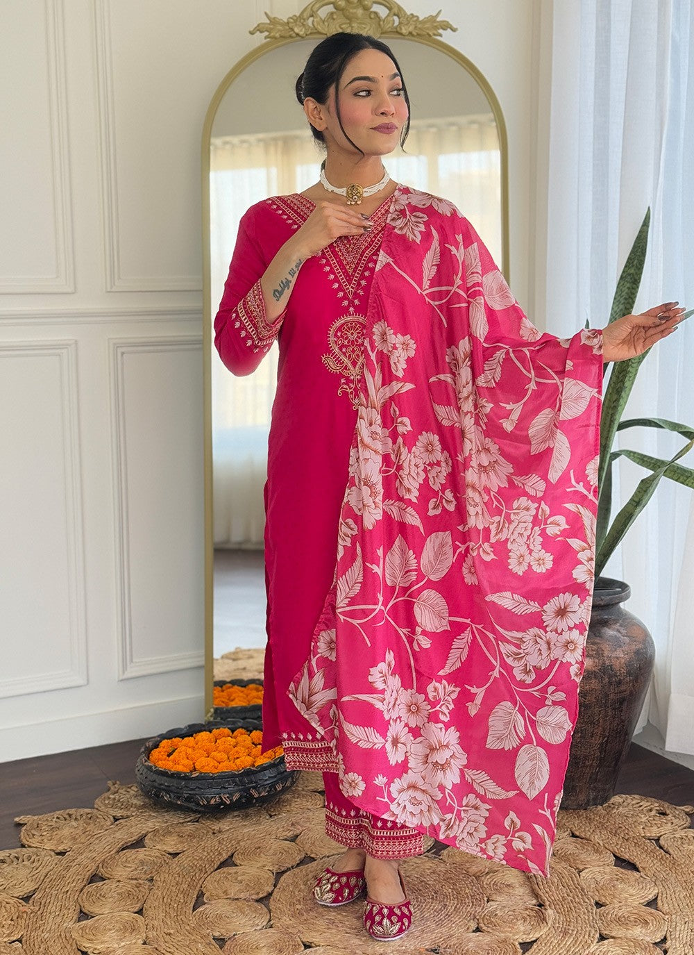 Embroidered Chanderi Pink Pant Style Suit T6295