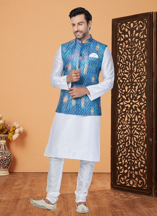 Embroidered Banarasi Silk, Polyester Multi Colour, White Kurta Payjama With Jacket - M5533