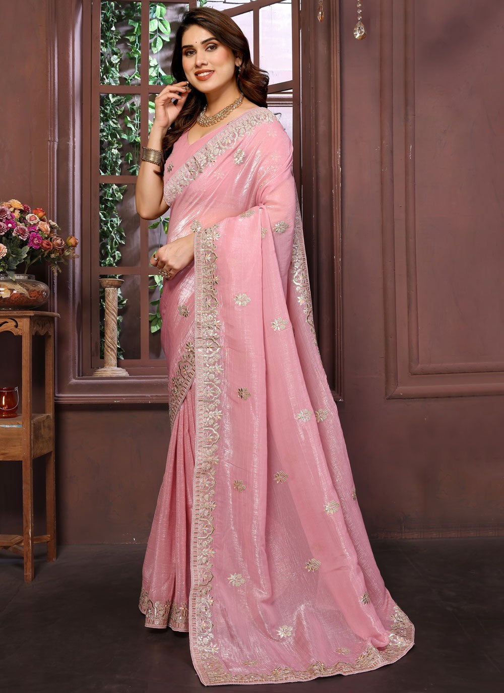 Pink Pure Crepe Traditional Saree Embroidered, Zari S15742