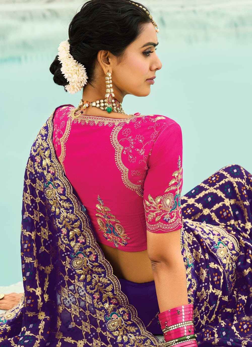 Purple Pure Georgette Bandhej Saree Cutdana, Embroidered, Fancy Work, Zari S19132