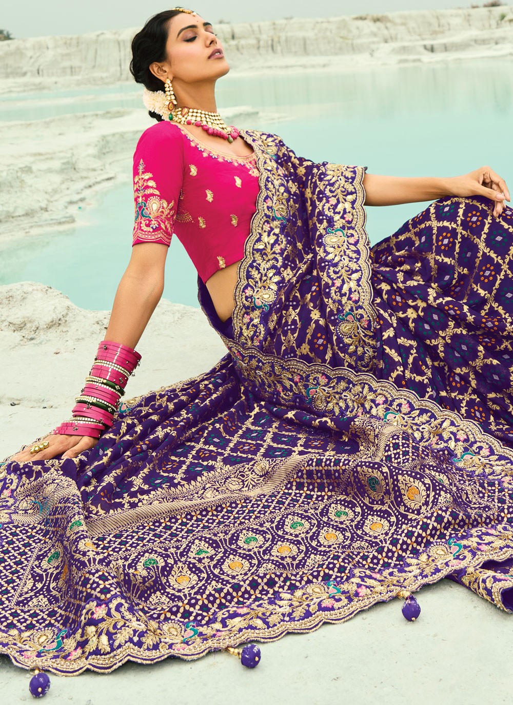 Purple Pure Georgette Bandhej Saree Cutdana, Embroidered, Fancy Work, Zari S19132