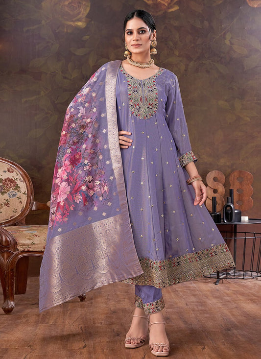 Anarkali Embroidered Purple Silk T5218