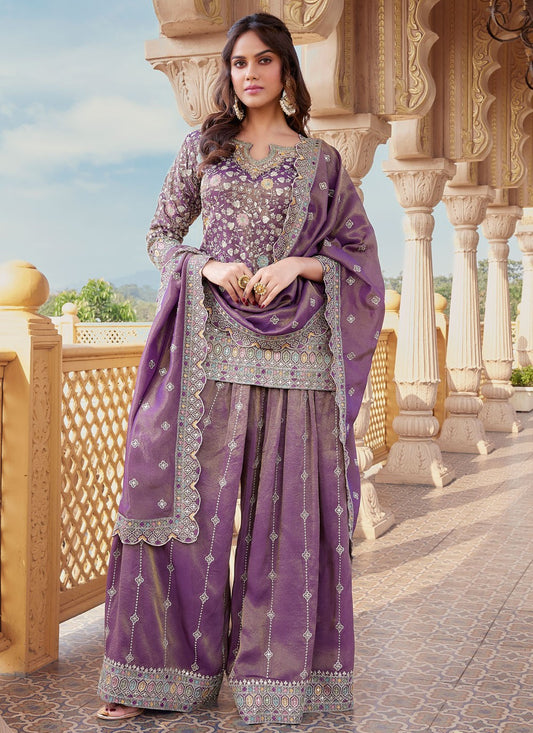 Salwar Suit Embroidered Purple Chinon T5569