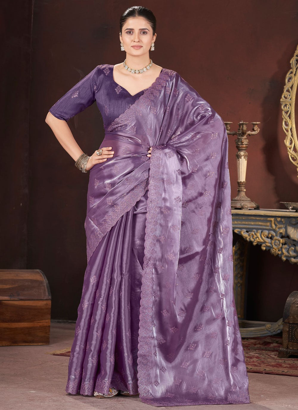 Cut Work Jimmy Chu Purple Designer Saree S15600