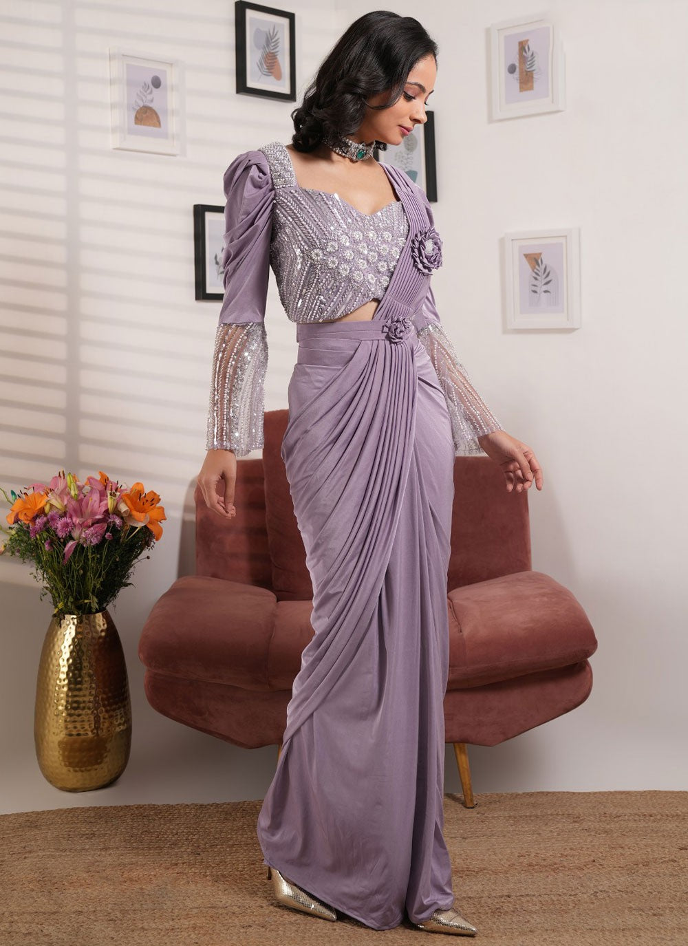 Contemporary Embroidered Purple Lycra Saree S13160