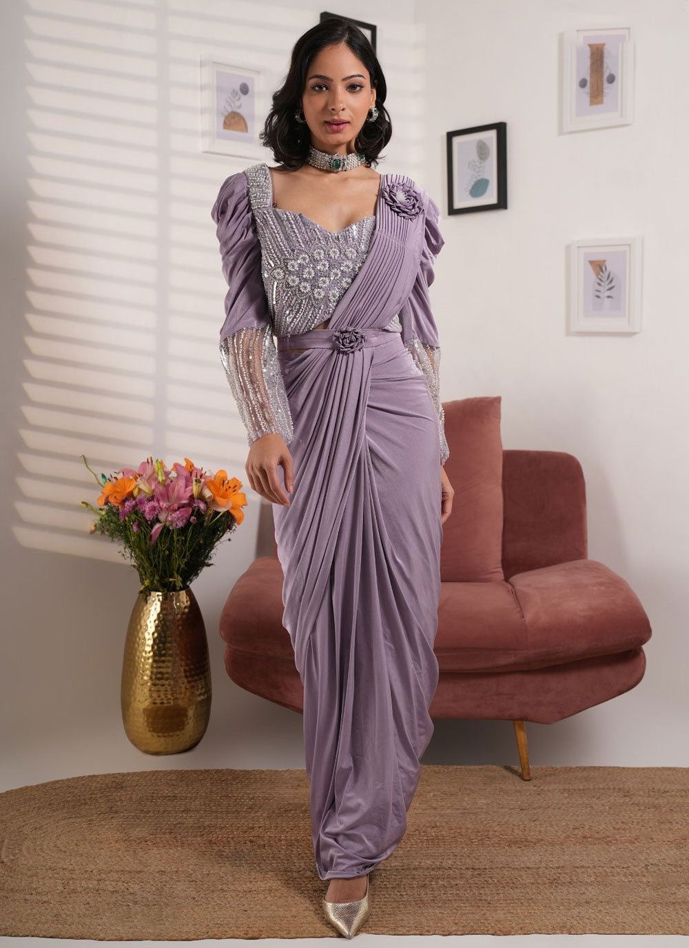 Contemporary Embroidered Purple Lycra Saree S13160
