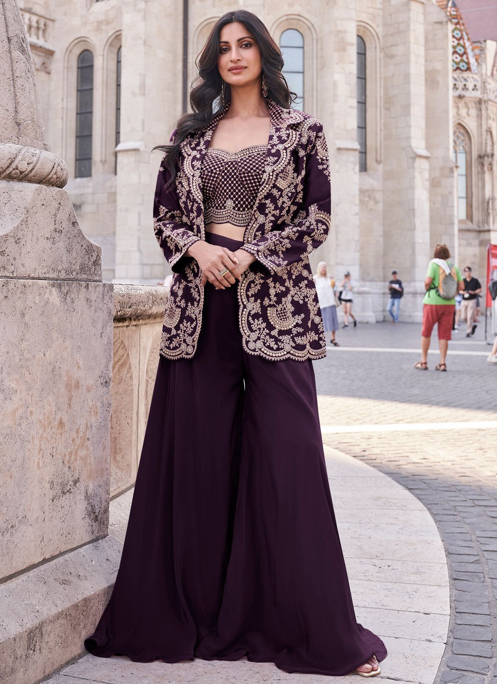 Palazzo Suit Embroidered Purple Silk T5424