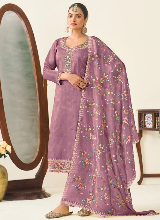 Pant Style Suit Embroidered Purple T7025