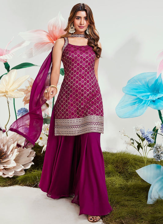 Palazzo Suit Embroidered Purple Silk T5062
