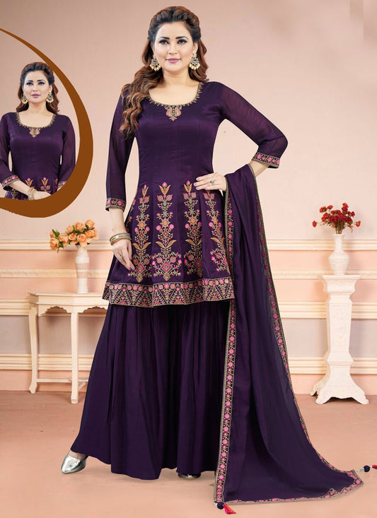 Palazzo Suit Embroidered Purple Silk T5825