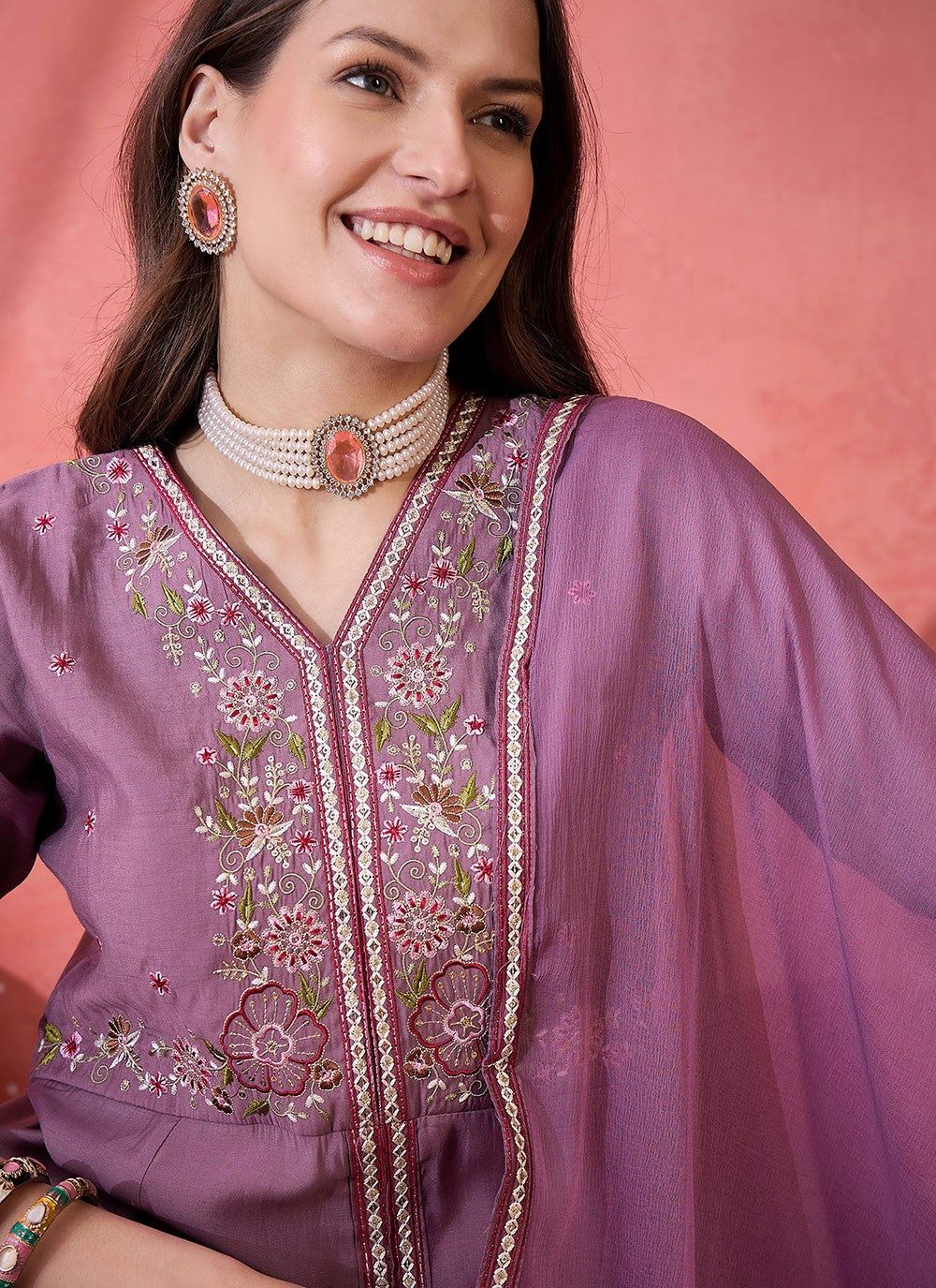 Palazzo Suit Embroidered Purple T6985