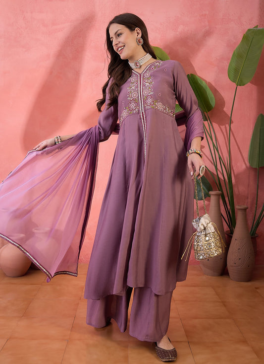 Palazzo Suit Embroidered Purple T6985