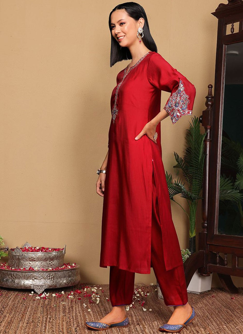Salwar Suit Embroidered Hot Pink, Red Silk Blend T5646