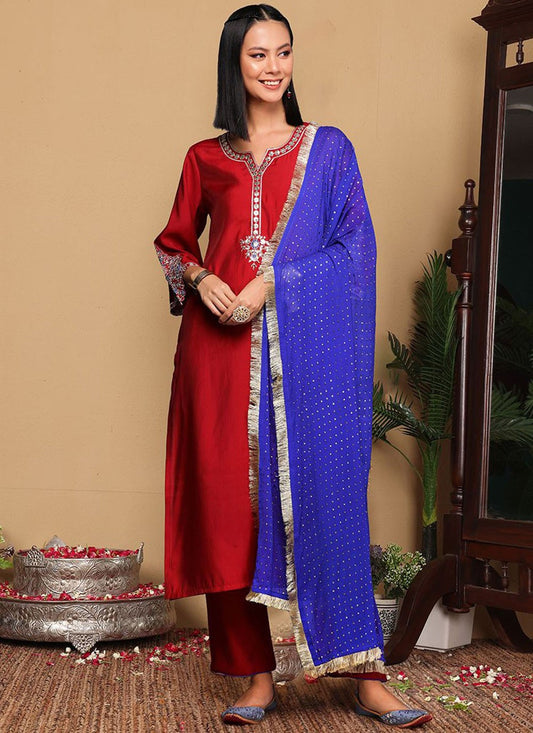 Salwar Suit Embroidered Hot Pink, Red Silk Blend T5646