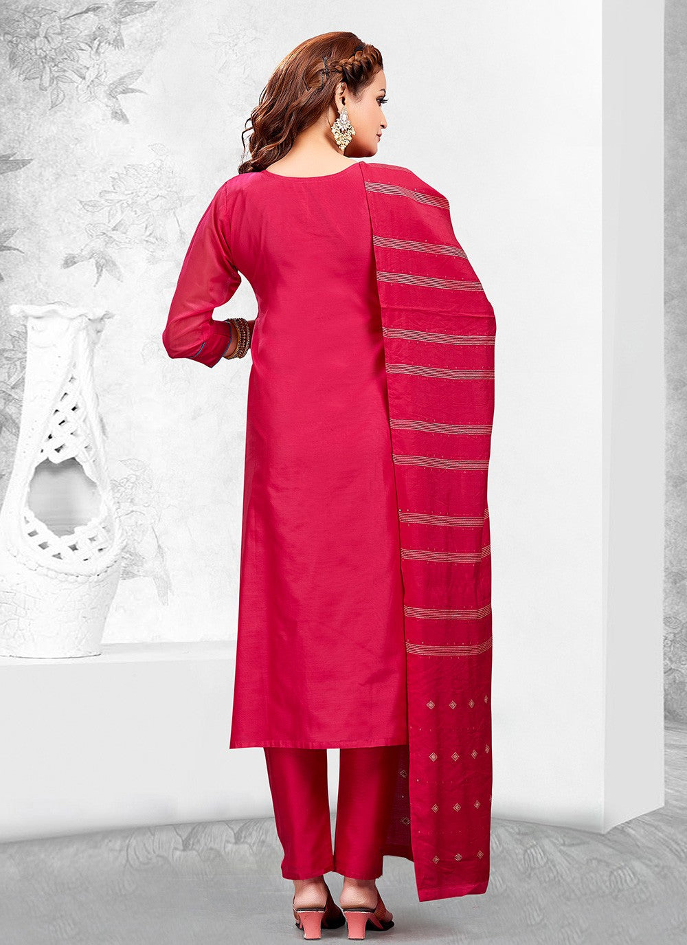 Pant Style Suit Embroidered Hot Pink T8012