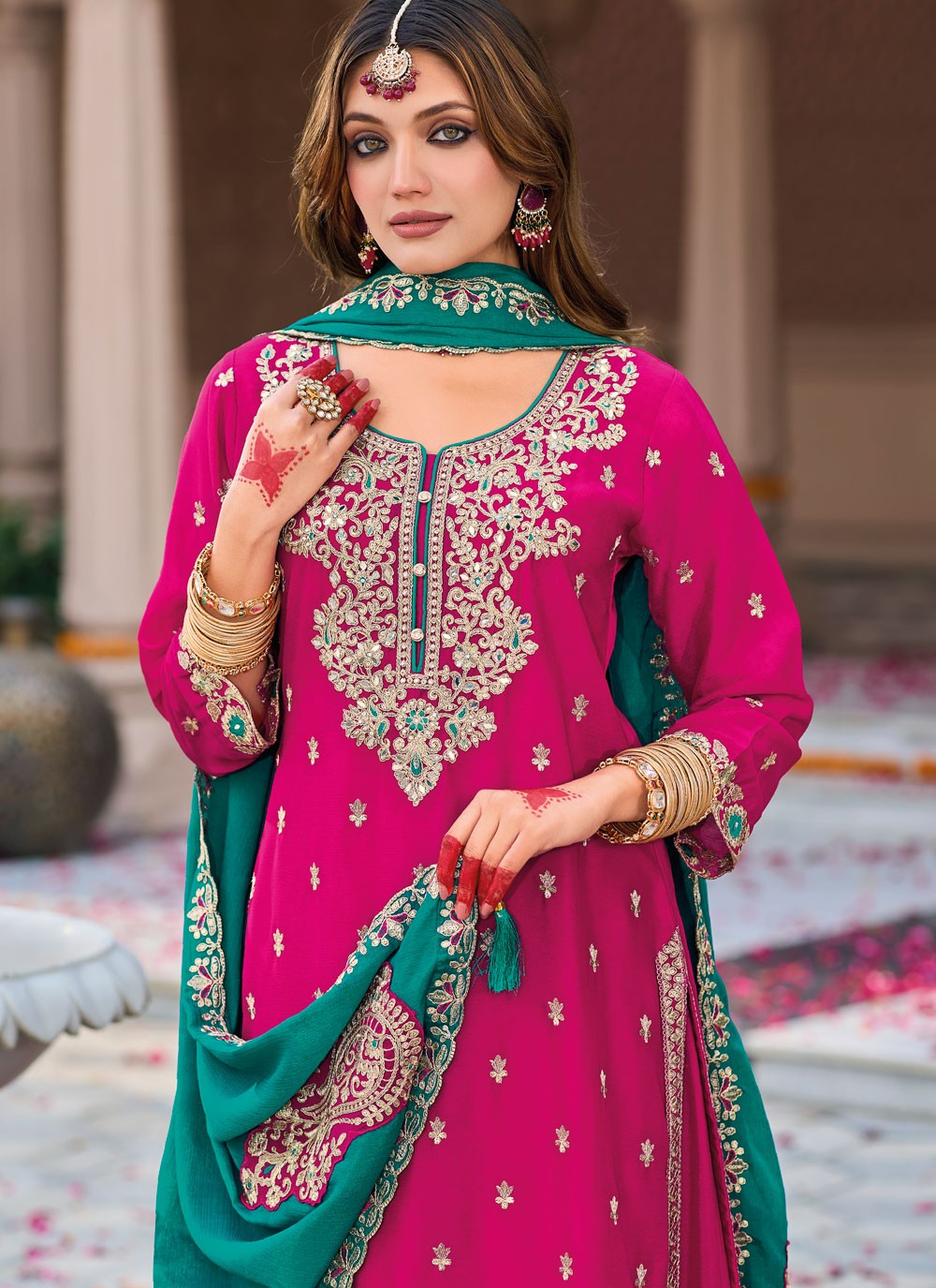 Salwar Suit Embroidered Hot Pink Chinon T5507
