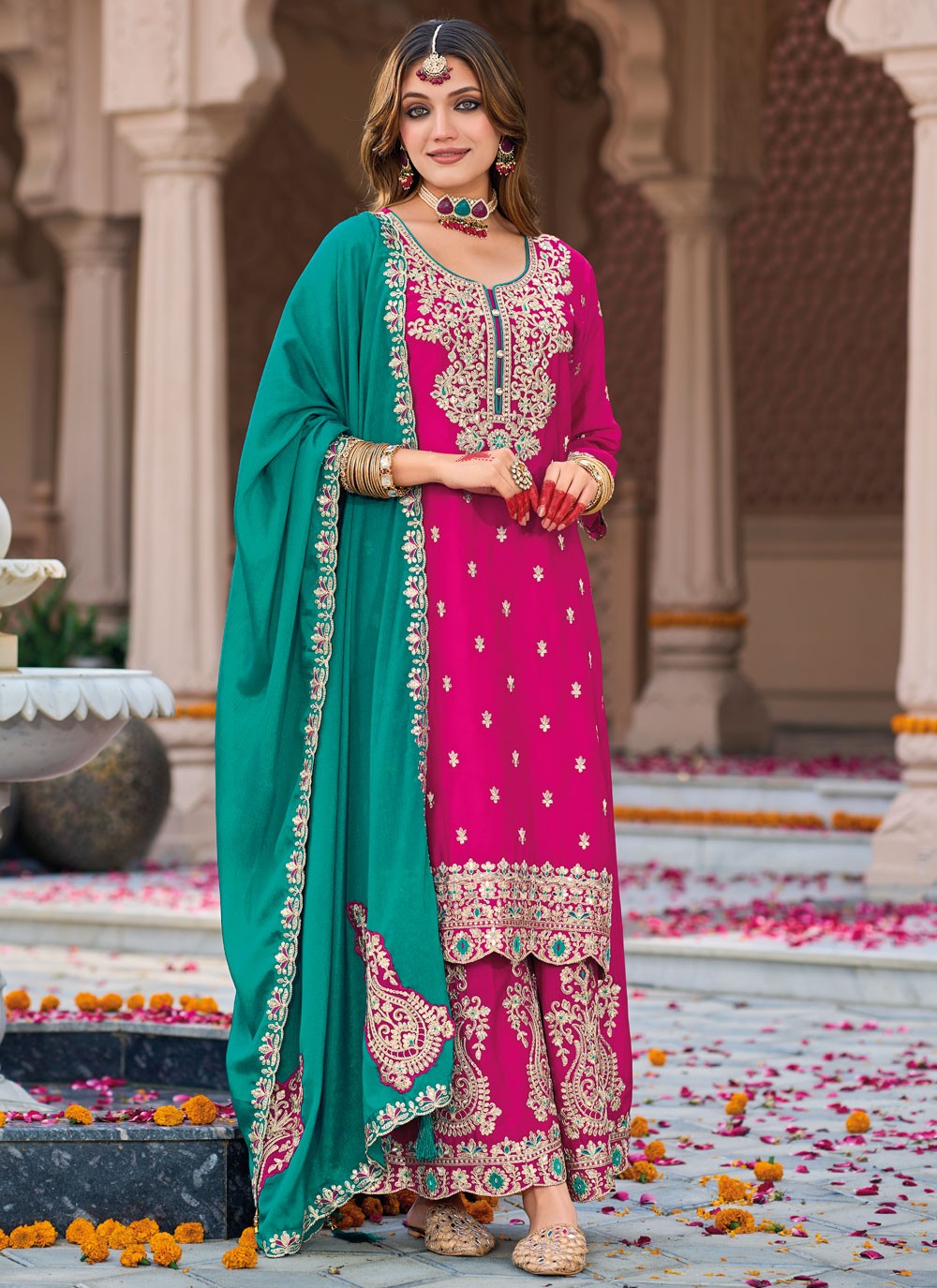 Salwar Suit Embroidered Hot Pink Chinon T5507
