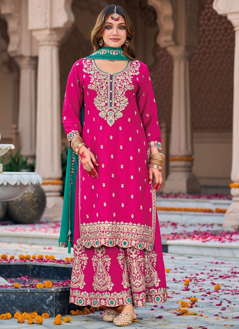 Salwar Suit Embroidered Hot Pink Chinon T5507