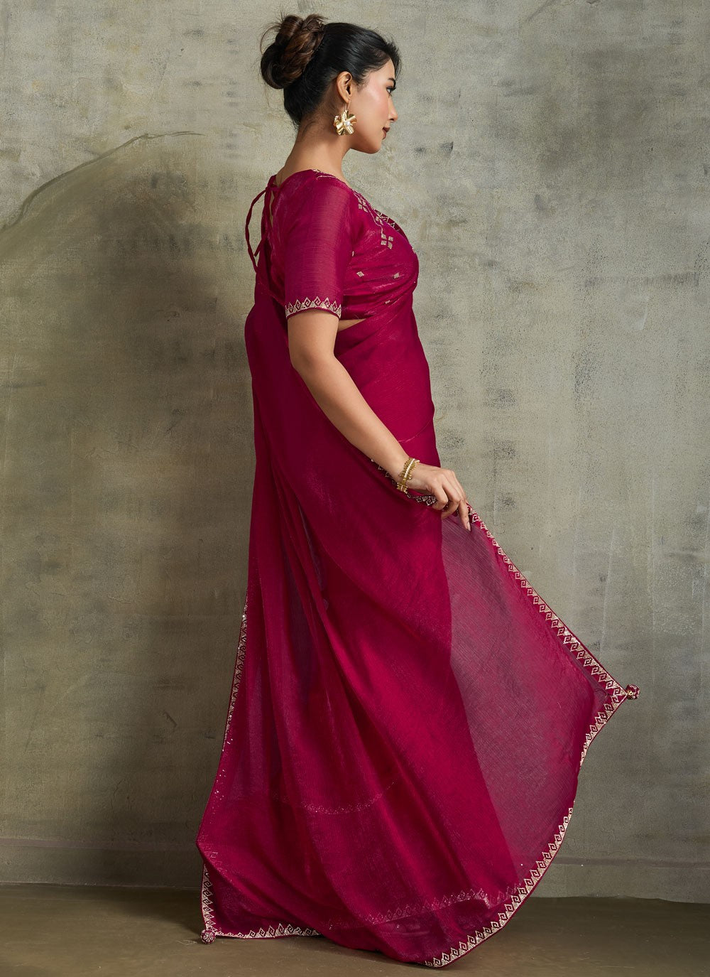 Hot Pink Chiffon Contemporary Saree Embroidered S19829