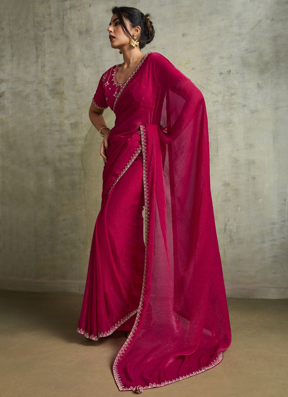 Hot Pink Chiffon Contemporary Saree Embroidered S19829