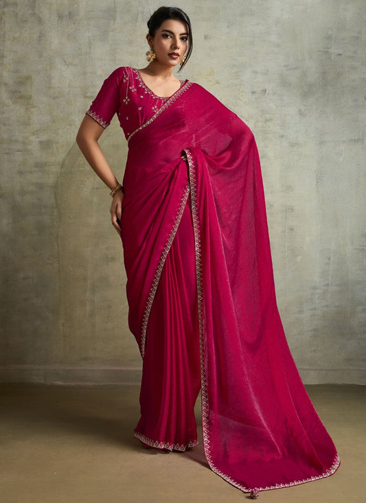 Hot Pink Chiffon Contemporary Saree Embroidered S19829