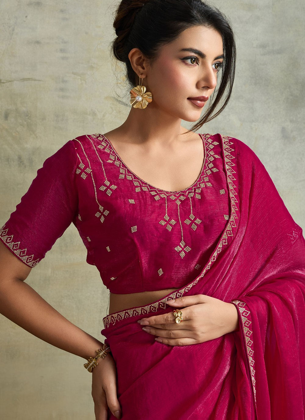 Hot Pink Chiffon Contemporary Saree Embroidered S19829