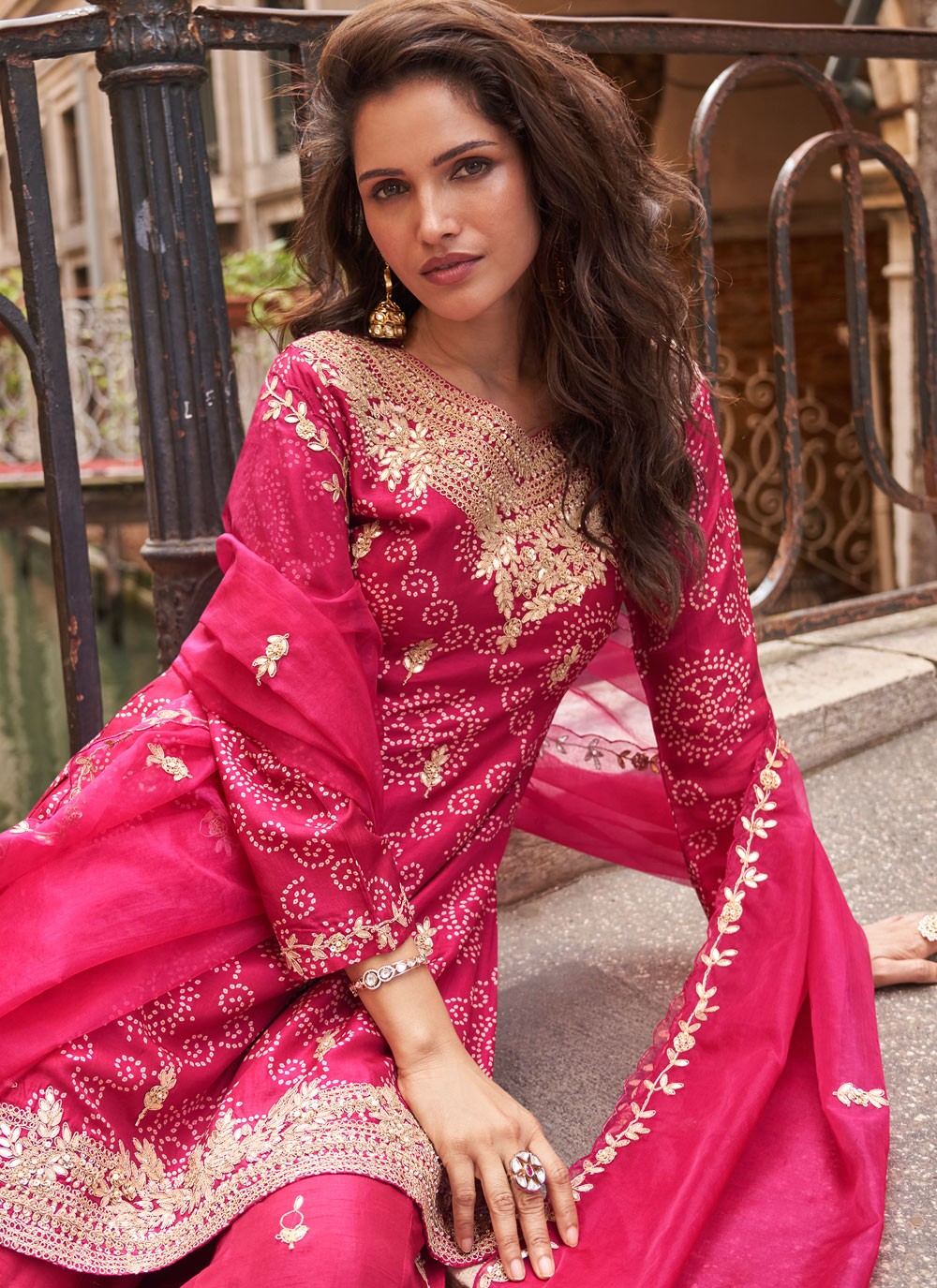 Palazzo Suit Embroidered, Sequins, Zari Hot Pink T8267