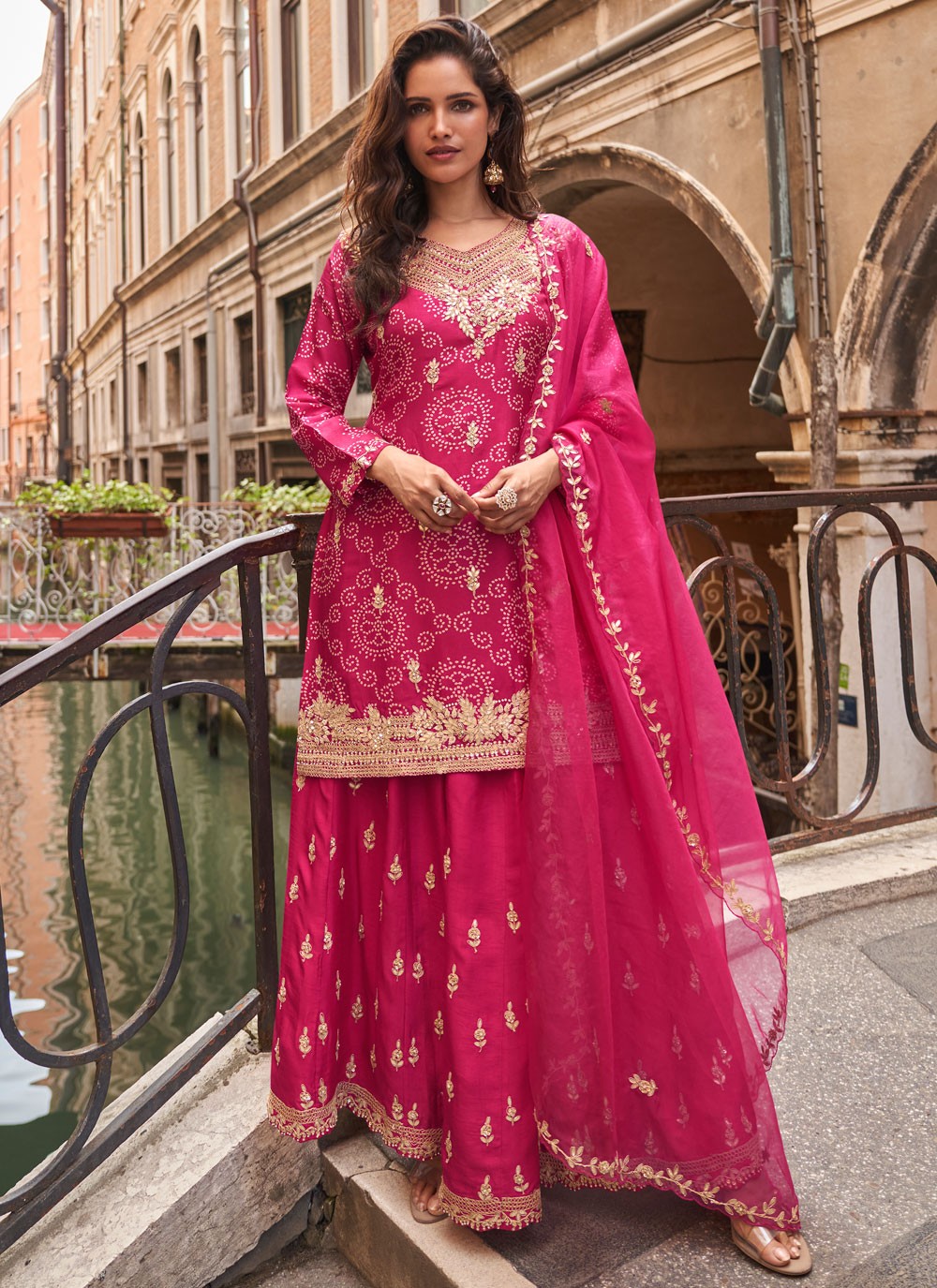Palazzo Suit Embroidered, Sequins, Zari Hot Pink T8267
