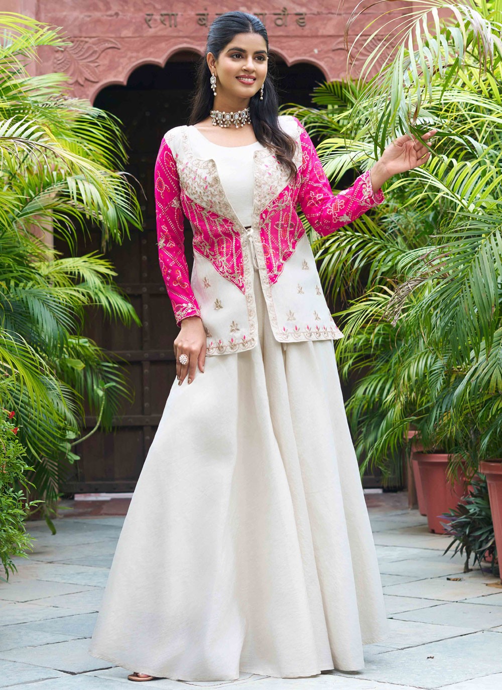 Palazzo Suit Cord, Embroidered, Thread Hot Pink T7672