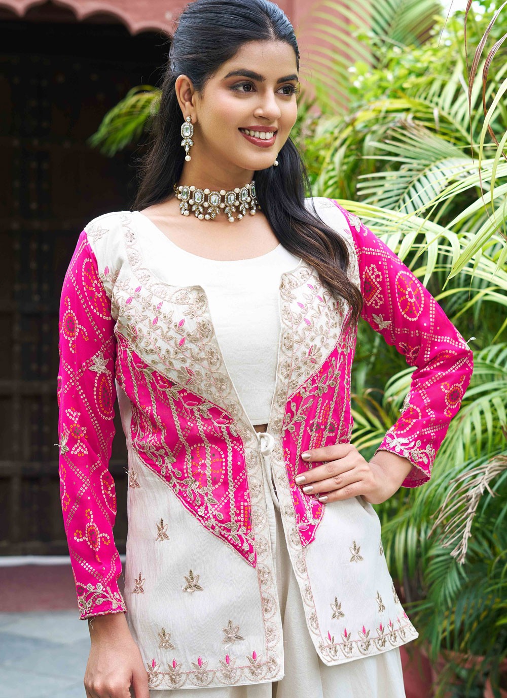 Palazzo Suit Cord, Embroidered, Thread Hot Pink T7672