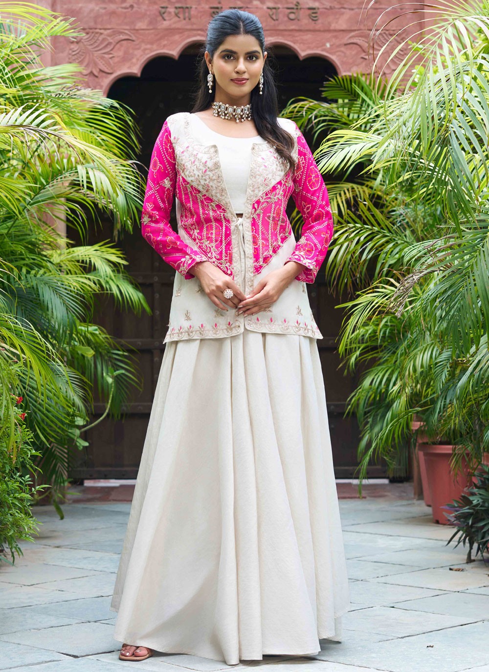 Palazzo Suit Cord, Embroidered, Thread Hot Pink T7672