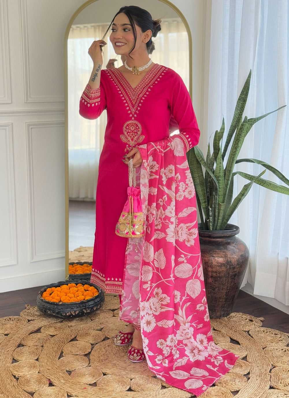 Embroidered Rayon Hot Pink Salwar Suit T6185