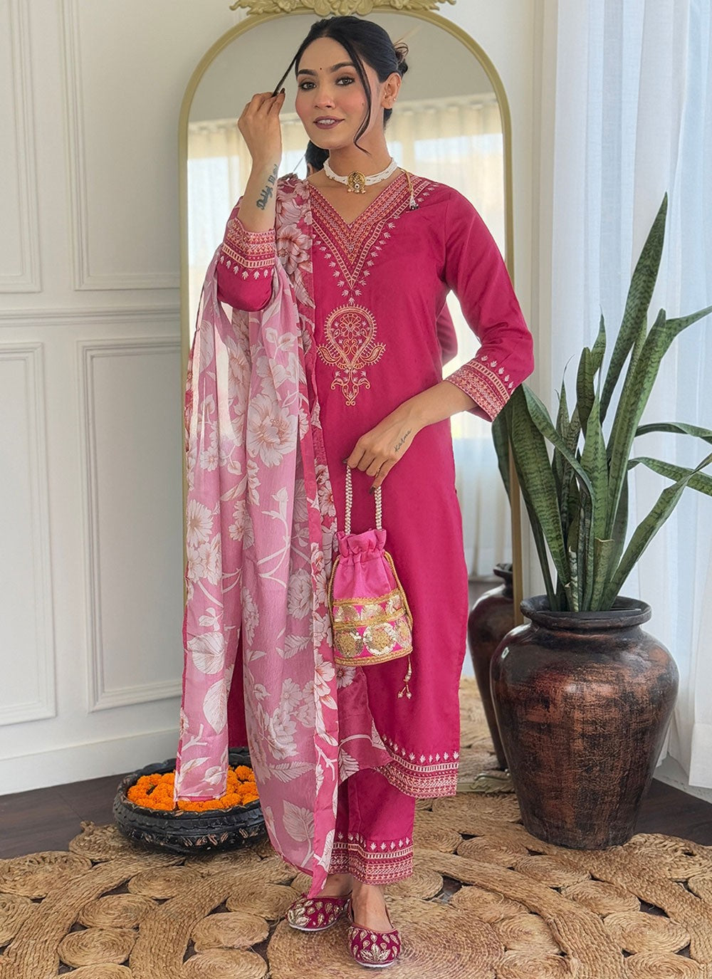 Embroidered Rayon Hot Pink Salwar Suit T6185